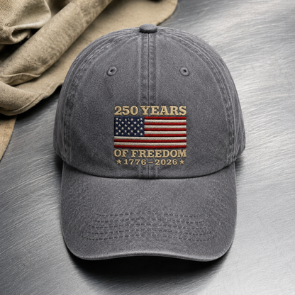 250 Years of Freedom Washed Cap, 1776-2026 American Flag 250th Anniversary Hat - washed cap - lifestyle view 4