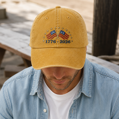 1776-2026 American Flag Washed Cap, 250th Anniversary Patriotic Hat - washed cap - lifestyle view 9