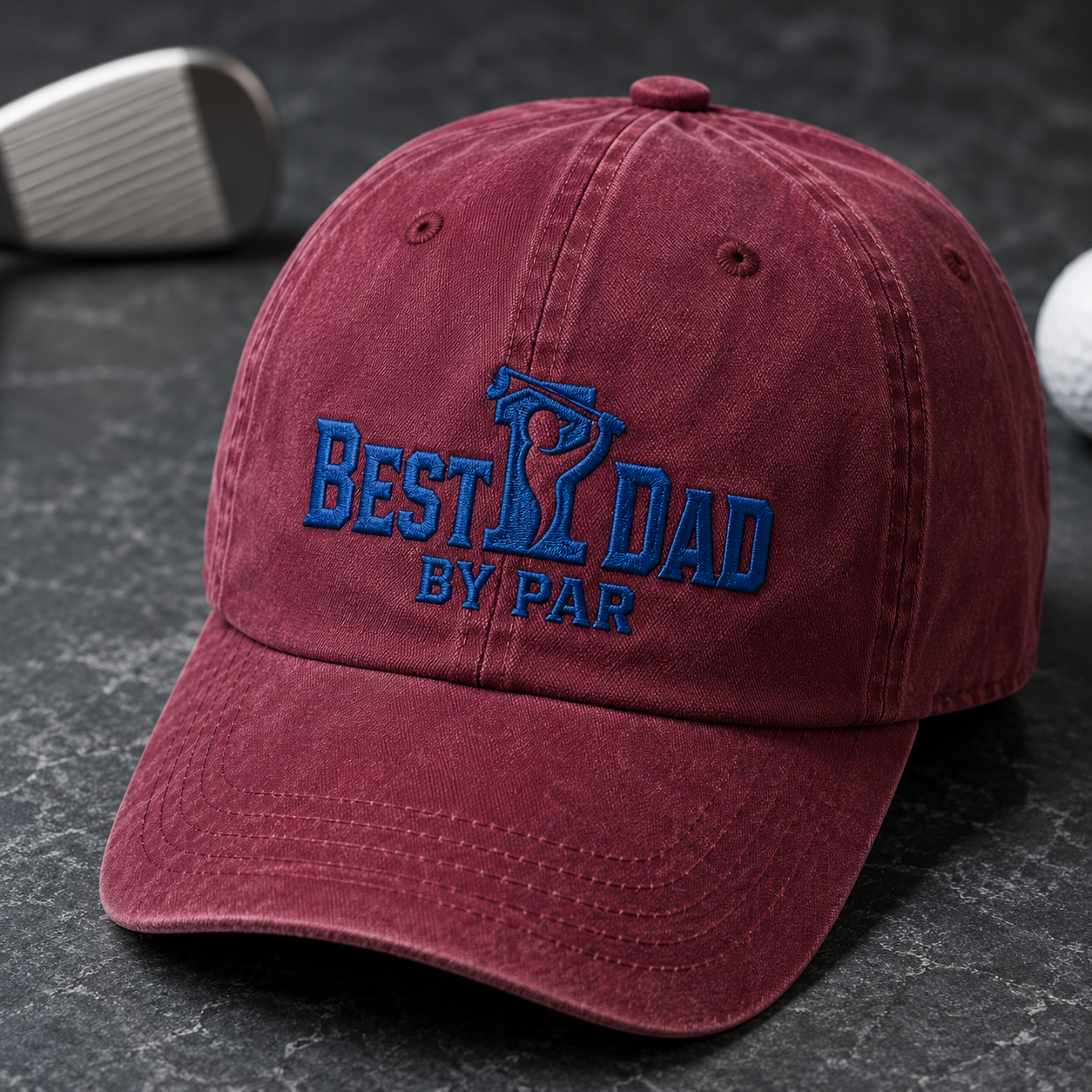 Best Dad By Par Washed Cap, Blue Embroidered Golf Dad Hat, Father's Day Gift - Washed Cap - detail view