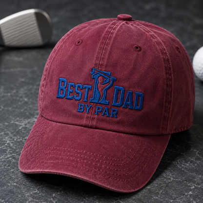 Best Dad By Par Washed Cap, Blue Embroidered Golf Dad Hat, Father's Day Gift - Washed Cap - detail view