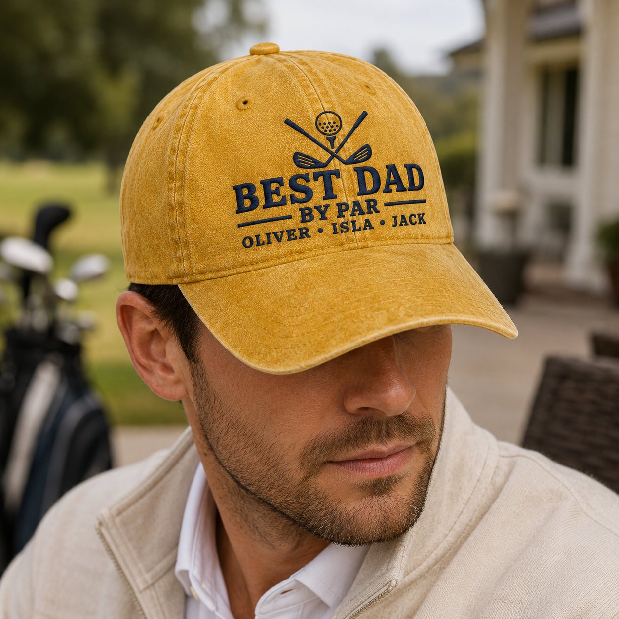Best Dad By Par Washed Cap, Personalized Father's Day Gift with Kids Names - Washed Cap - lifestyle view 4