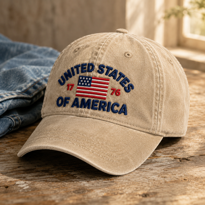 United States of America Washed Cap, 1776 Embroidered Flag Baseball Hat, Patriotic Gift - washed cap - lifestyle view 2