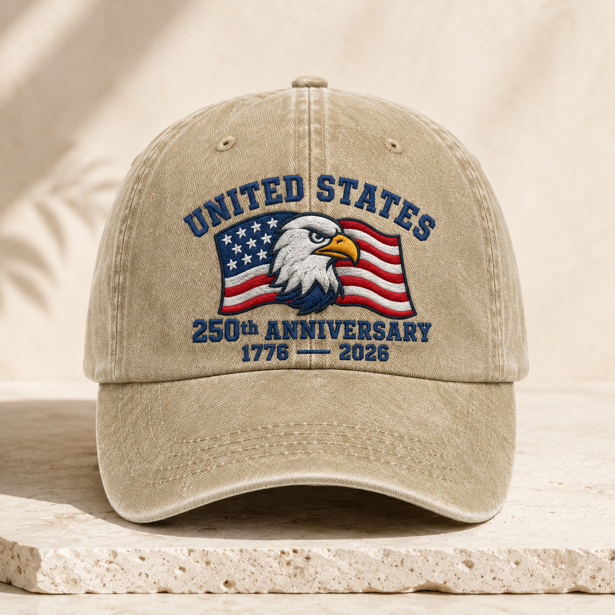 United States 250th Anniversary Washed Cap, Eagle Flag 1776 2026 Patriotic Hat - washed cap - front view