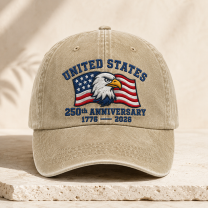 United States 250th Anniversary Washed Cap, Eagle Flag 1776 2026 Patriotic Hat - washed cap - front view