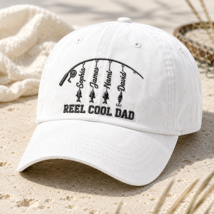 Reel Cool Dad Washed Cap, Custom Fishing Hat with Kids Names, Father's Day Gift - Washed Cap - detail view
