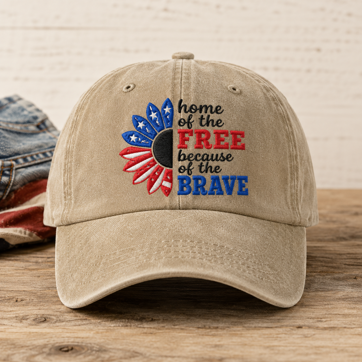 Home of the Free Because of the Brave Washed Cap, Patriotic Sunflower Military Gift - washed cap - front view