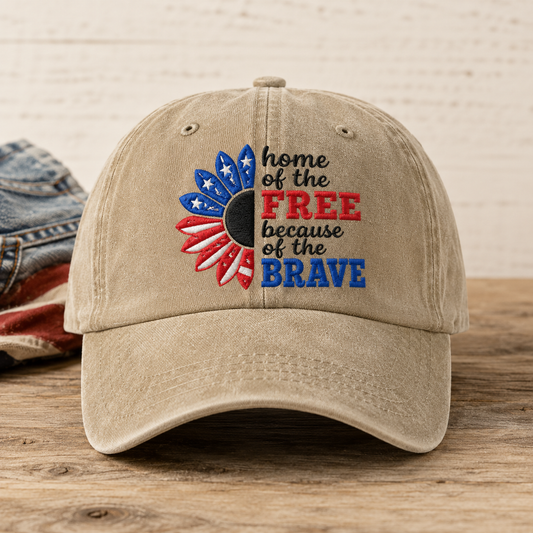 Home of the Free Because of the Brave Washed Cap, Patriotic Sunflower Military Gift - washed cap - front view