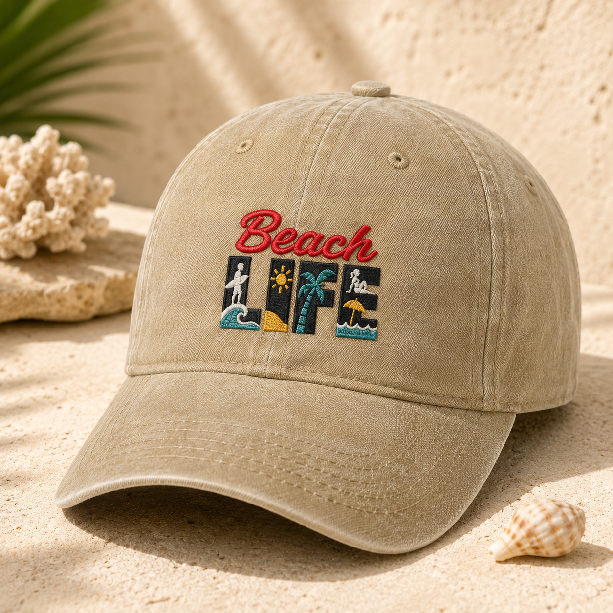 Beach Life Washed Cap, Embroidered Beach Vacation Hat - Washed Cap - detail view