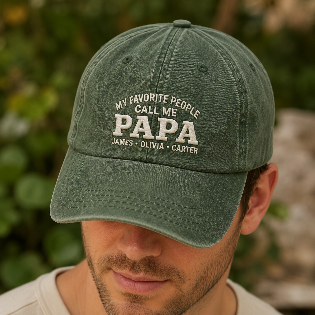 My Favorite People Call Me Papa Washed Cap, Personalized Grandpa Hat with Grandkids Names - Washed Cap - lifestyle view 9