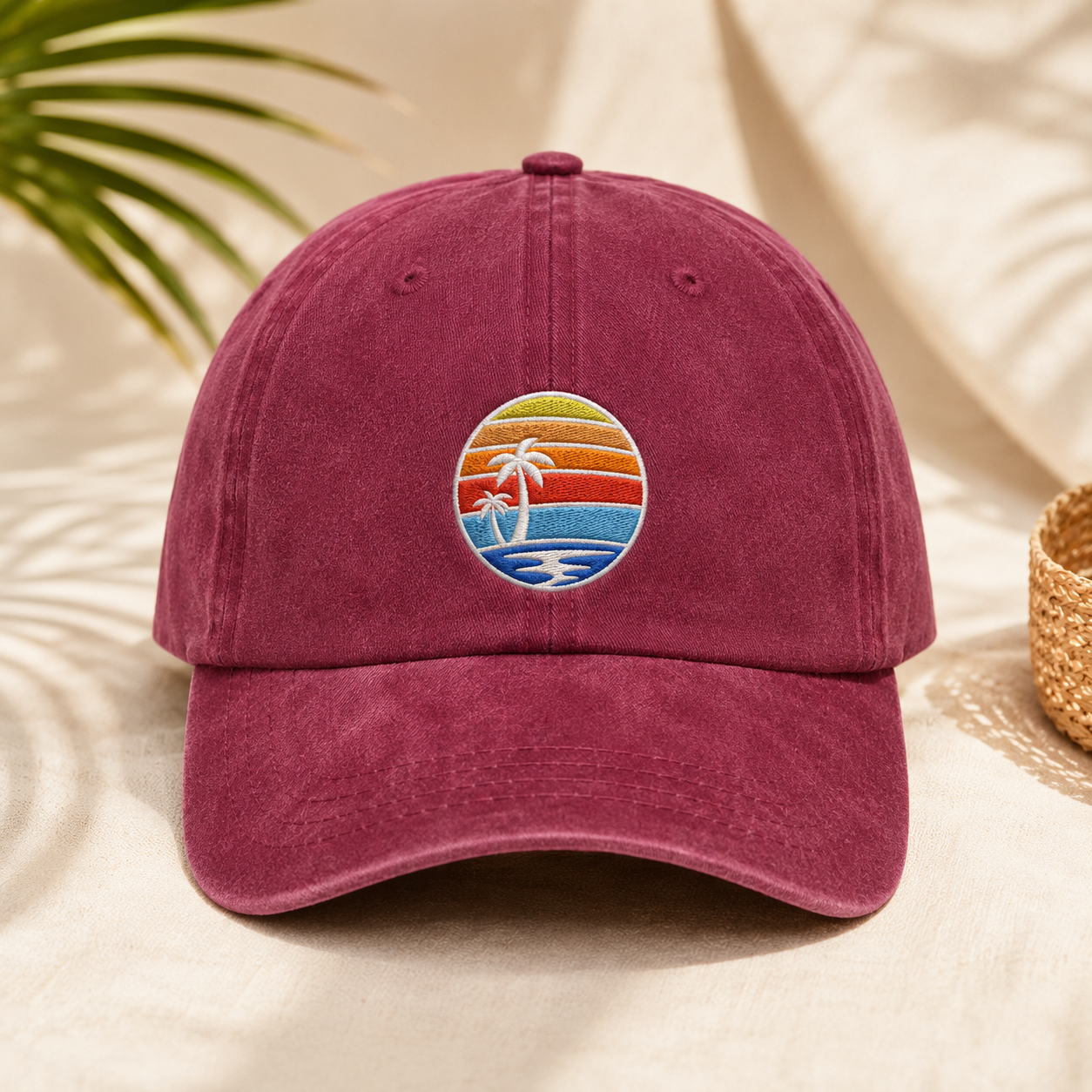 Tropical Sunset Palm Tree Washed Cap, Beach Vacation Hat for Coastal Summer Style - Washed Cap - lifestyle view 2