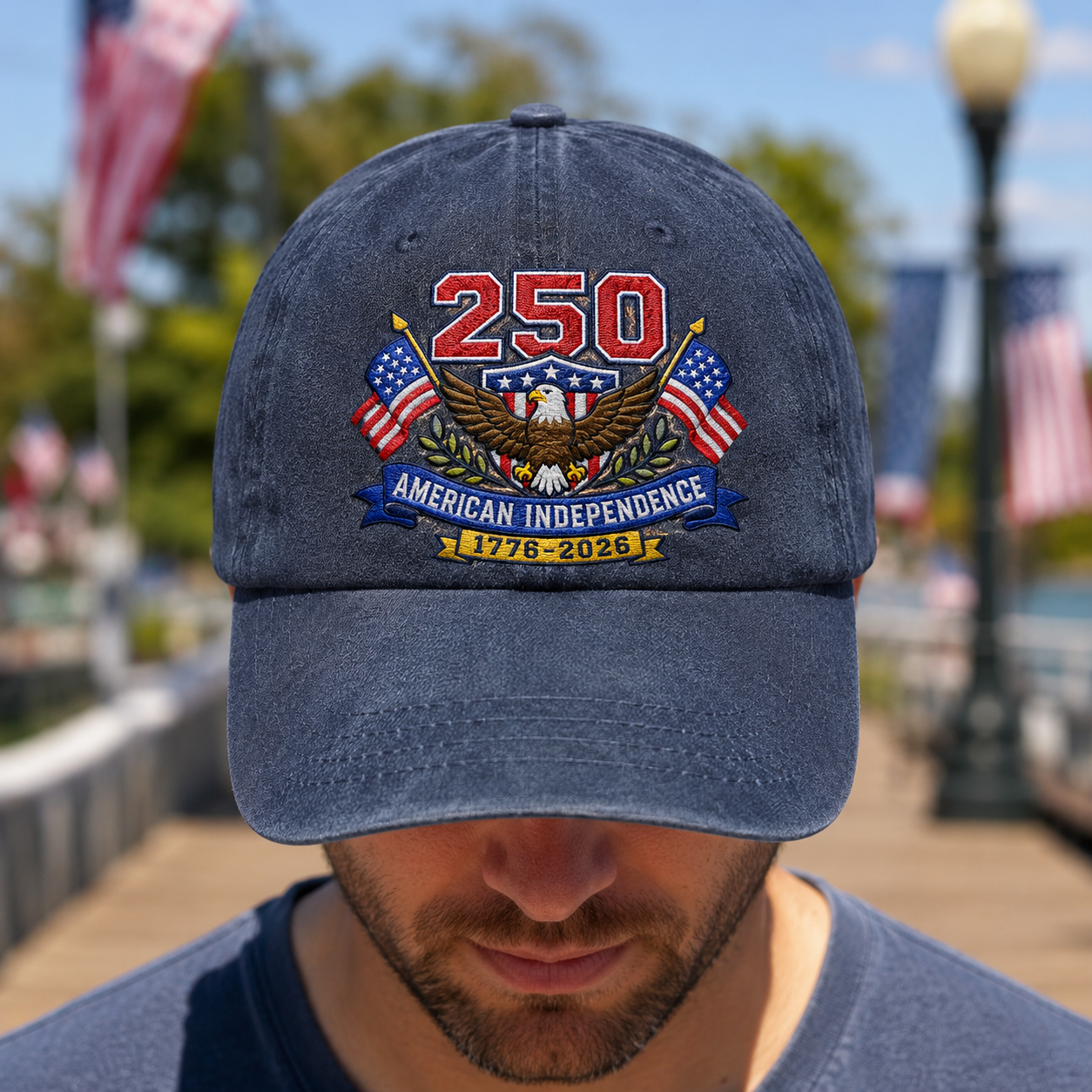 250 American Independence Washed Cap, 1776-2026 Patriotic Eagle USA Anniversary Hat - washed cap - lifestyle view 6