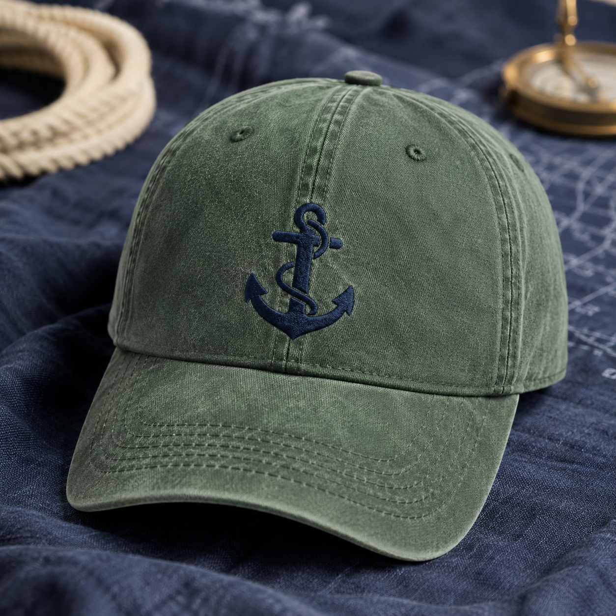 Nautical Anchor Washed Cap, Embroidered Sailor Hat for Boaters and Beach Days - Washed Cap - lifestyle view 2
