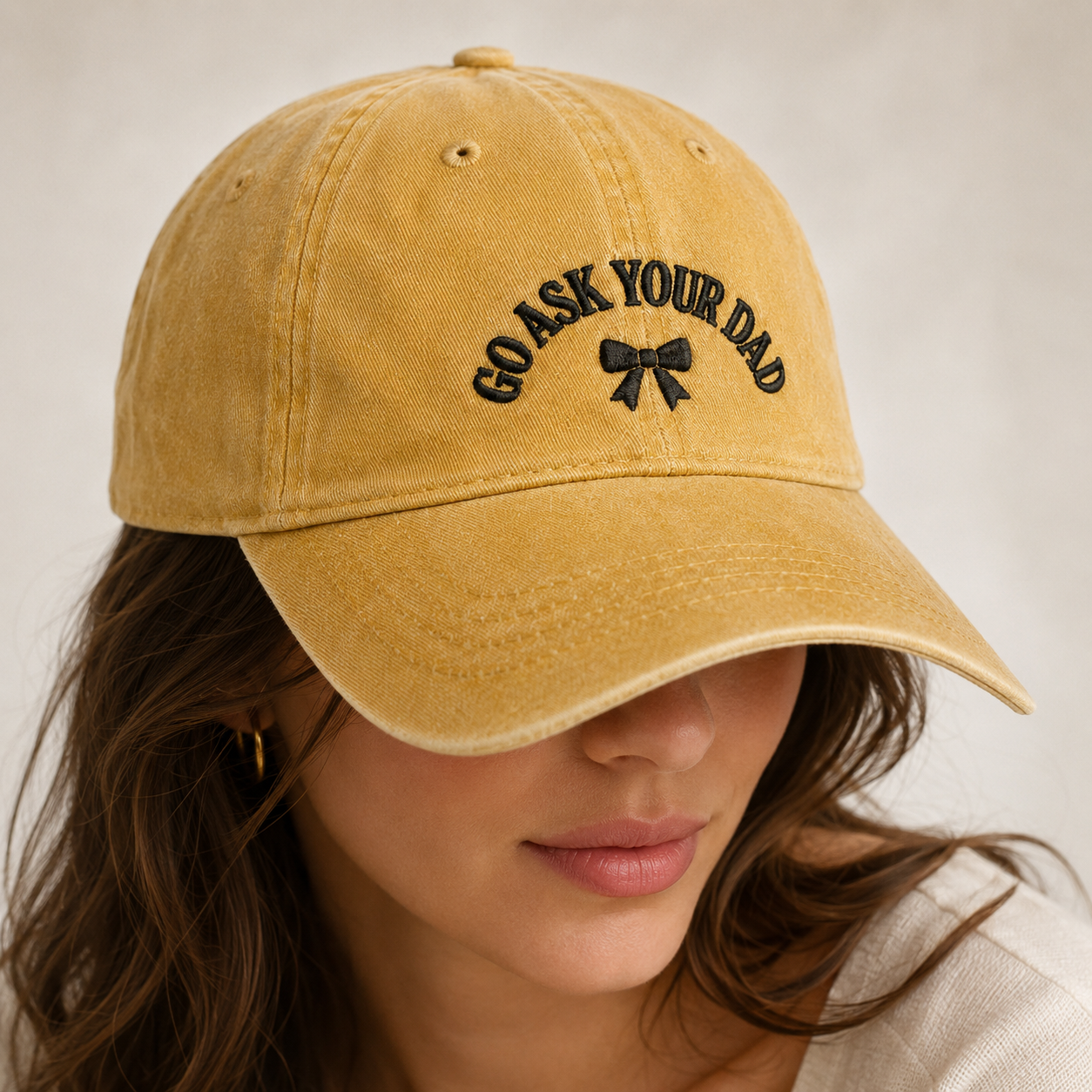 Go Ask Your Dad Washed Cap, Funny Dad Hat with Black Bow Embroidery - Washed Cap - lifestyle view 3