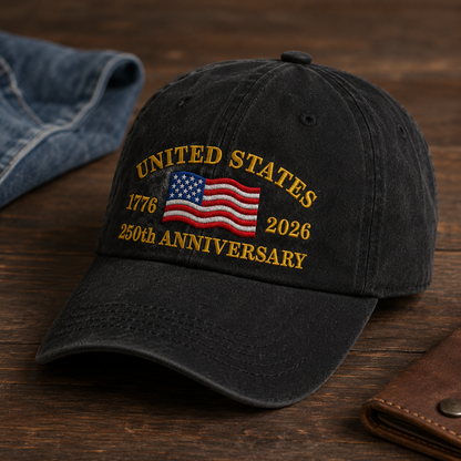 United States 250th Anniversary Washed Cap, 1776 2026 Embroidered Flag Hat - washed cap - lifestyle view 2