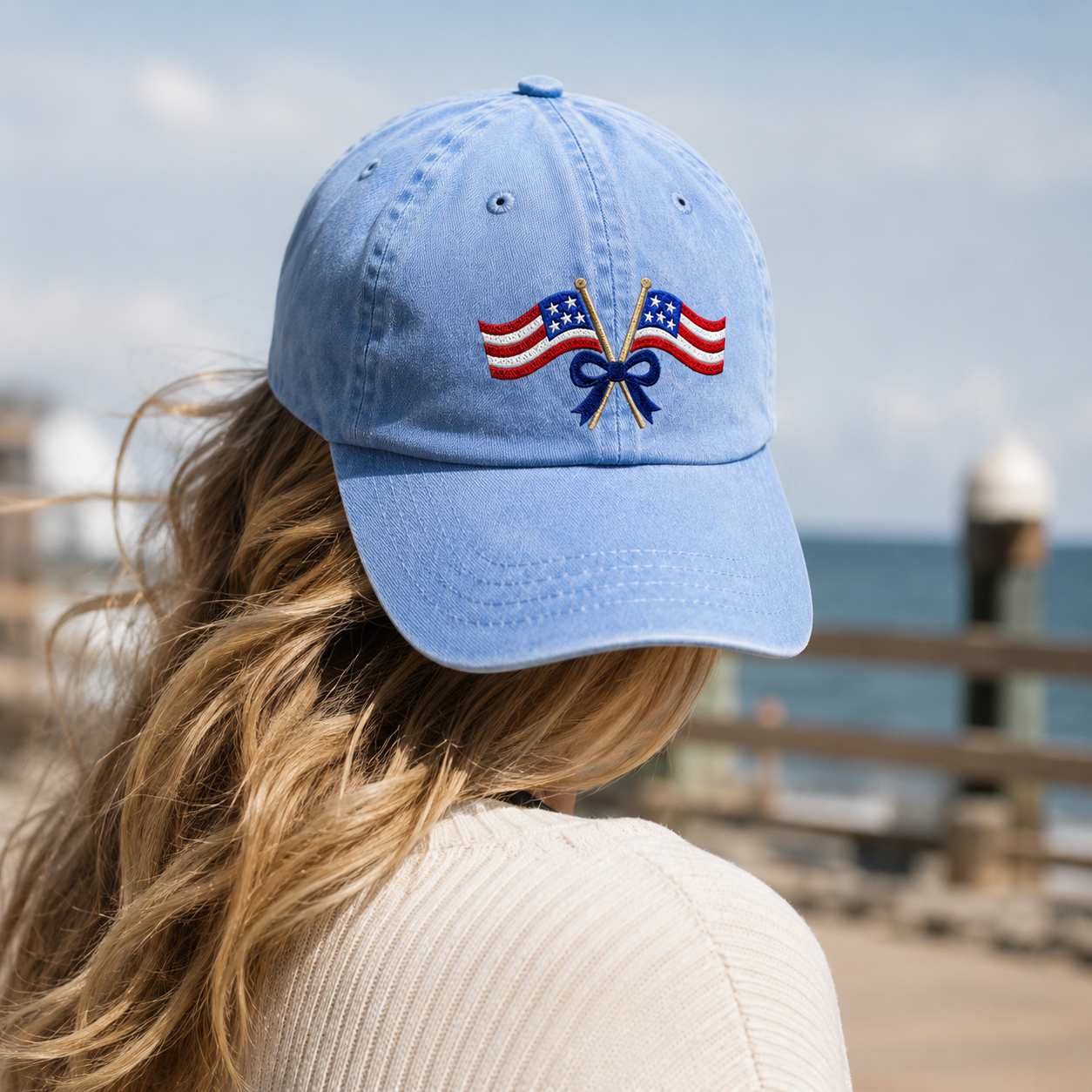 Patriotic Crossed Flags Washed Cap, USA Bow Embroidered Hat for Independence Day - washed cap - lifestyle view 9