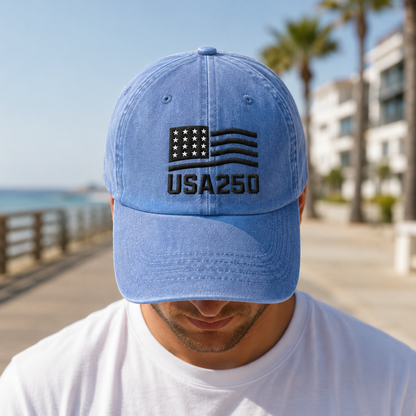 USA250 Patriotic Flag Washed Cap, 250th America Birthday Hat - washed cap - lifestyle view 4