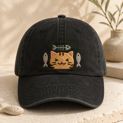 Cat and Fish Embroidered Washed Cap, Kawaii Kitten Hat Gift for Cat Lovers - Washed Cap - detail view