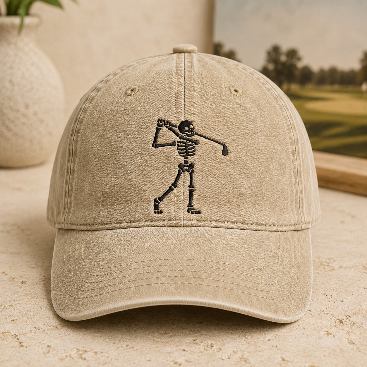 Skeleton Golfer Washed Cap, Spooky Golf Dad Hat - Washed Cap - front view