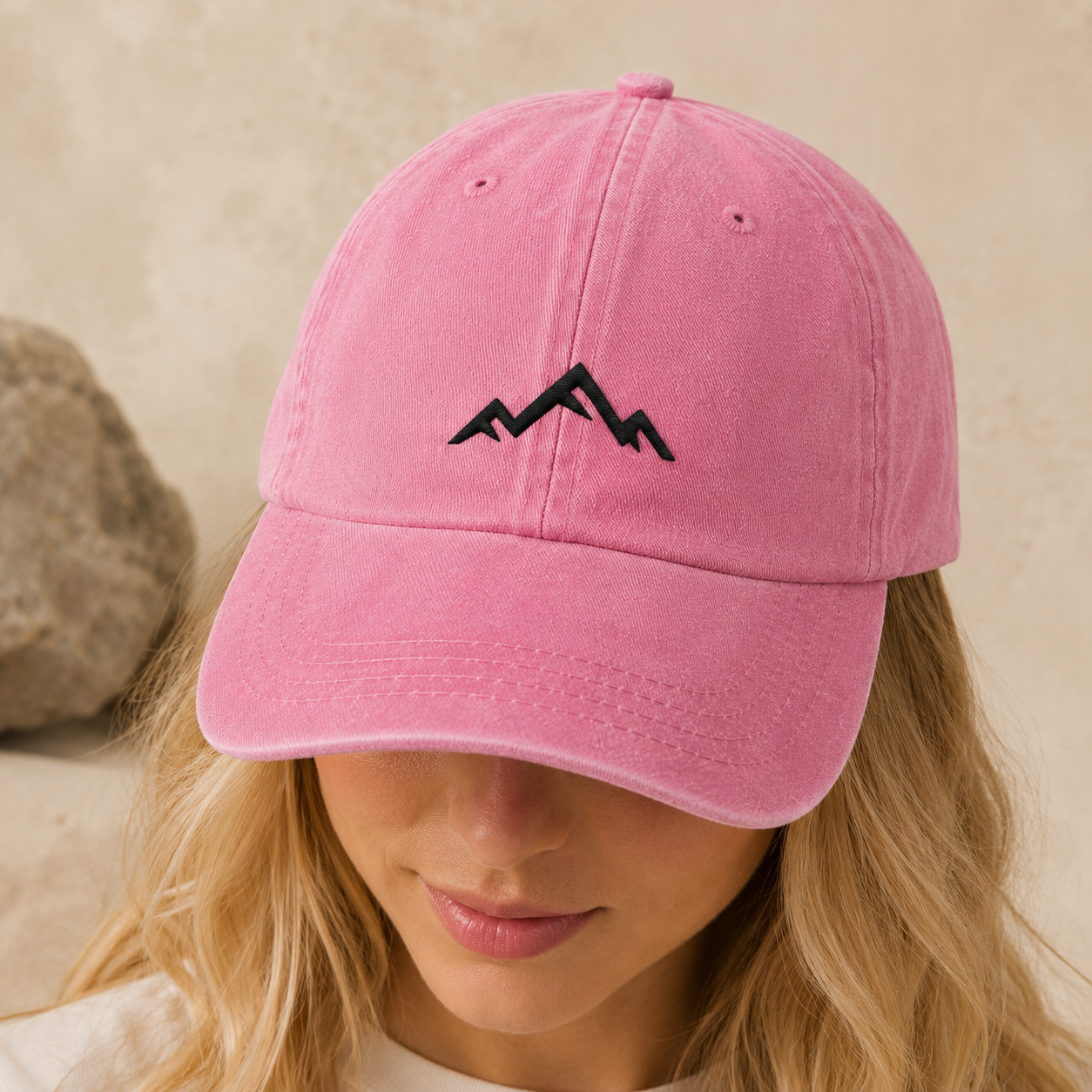 Minimalist Mountain Washed Cap, Black Embroidered Peak Hiking Hat - Washed Cap - detail view