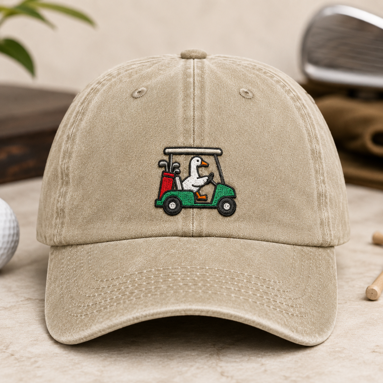 Goose Driving Golf Cart Hat, Funny Golf Dad Cap - Washed Cap - detail view