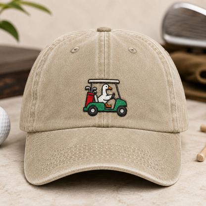 Goose Driving Golf Cart Hat, Funny Golf Dad Cap - Washed Cap - detail view
