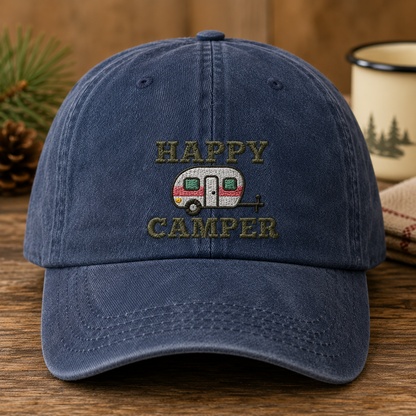 Happy Camper Washed Cap, Embroidered Rv Trailer Hat for Outdoor Road Trips - Washed Cap - front view