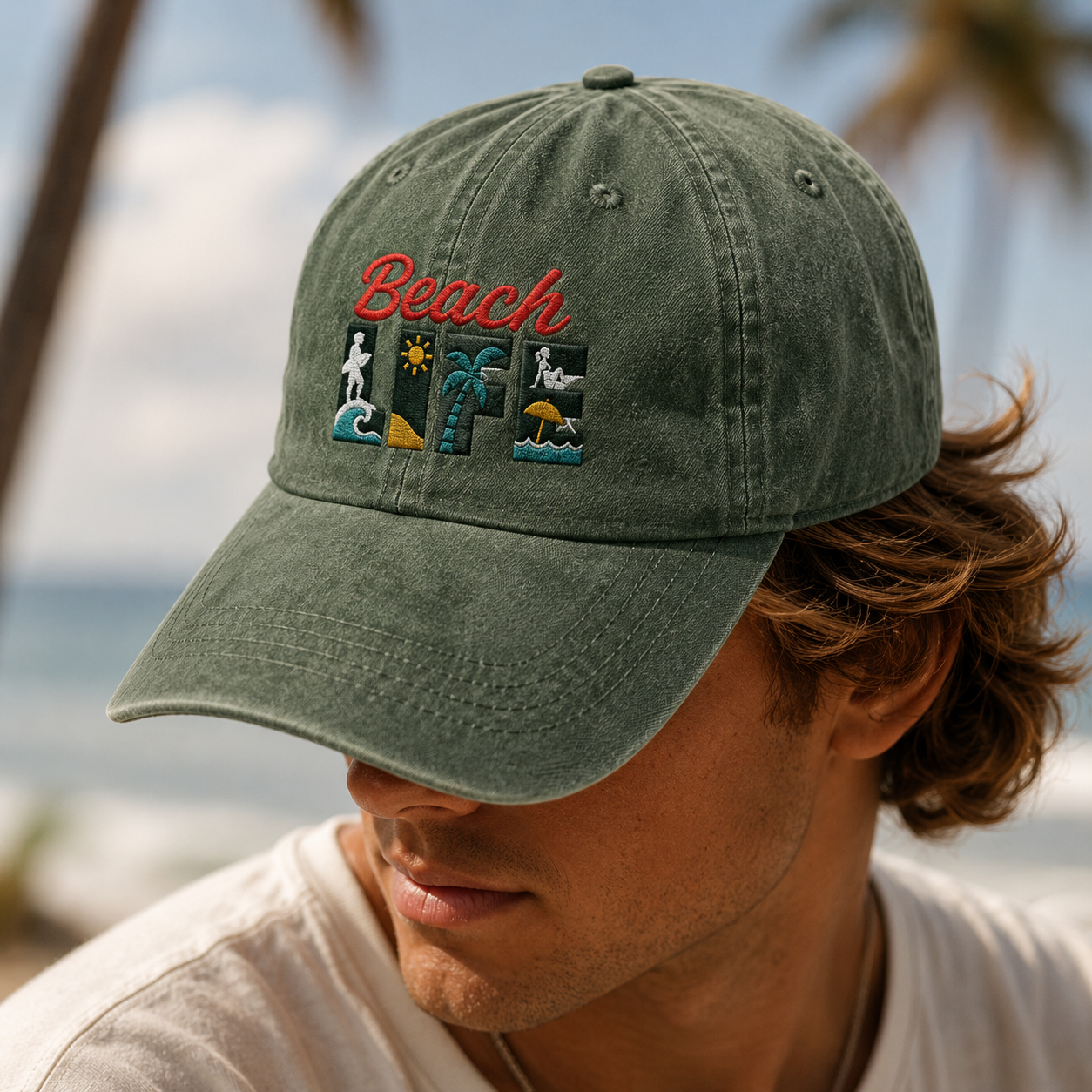 Beach Life Washed Cap, Embroidered Beach Vacation Hat - Washed Cap - lifestyle view 4