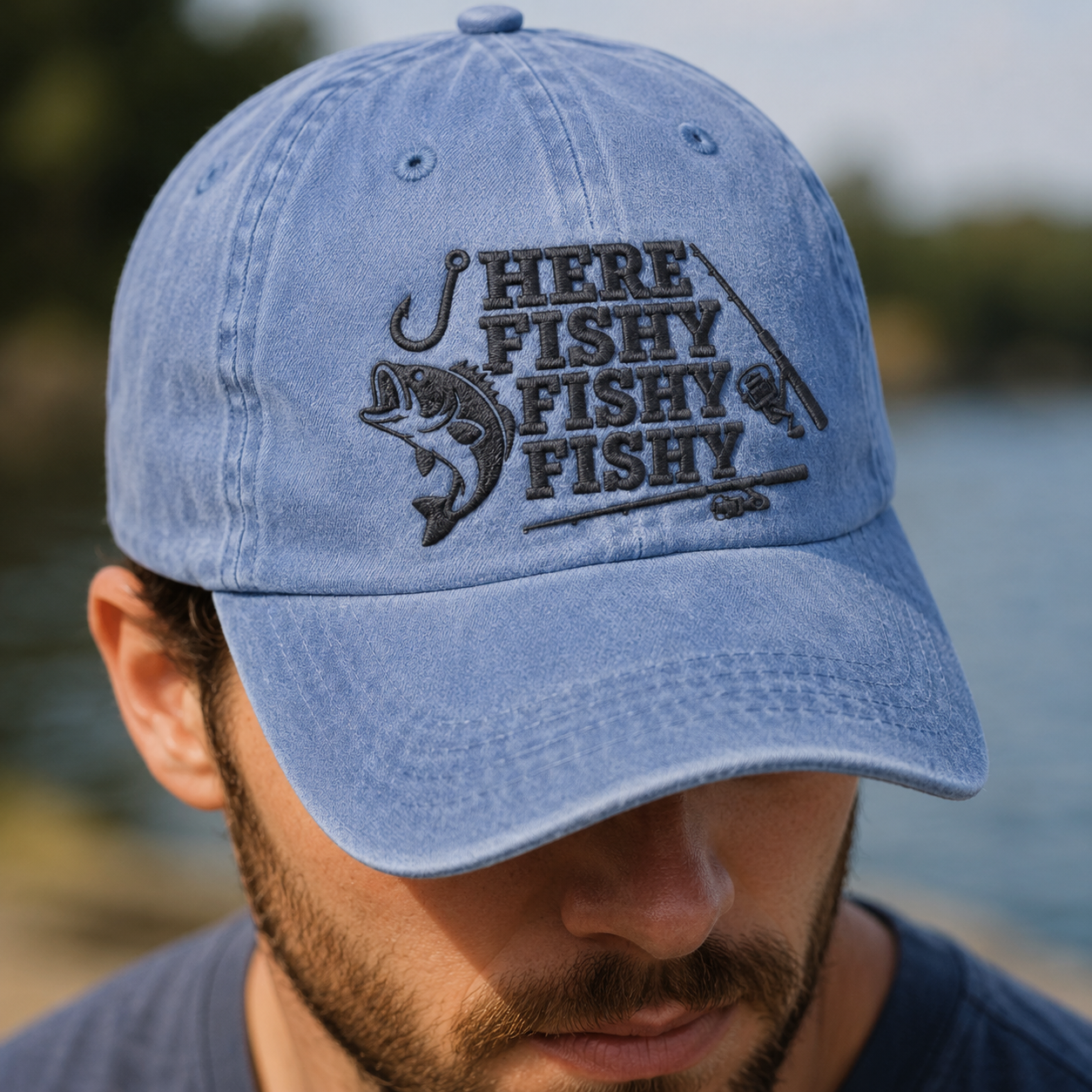 Here Fishy Fishy Fishy Washed Cap, Funny Bass Fishing Hat - Washed Cap - lifestyle view 4