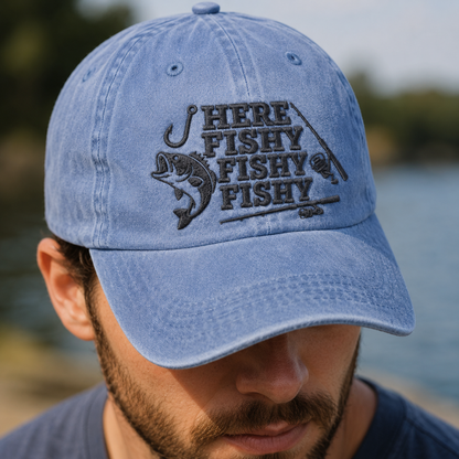 Here Fishy Fishy Fishy Washed Cap, Funny Bass Fishing Hat - Washed Cap - lifestyle view 4