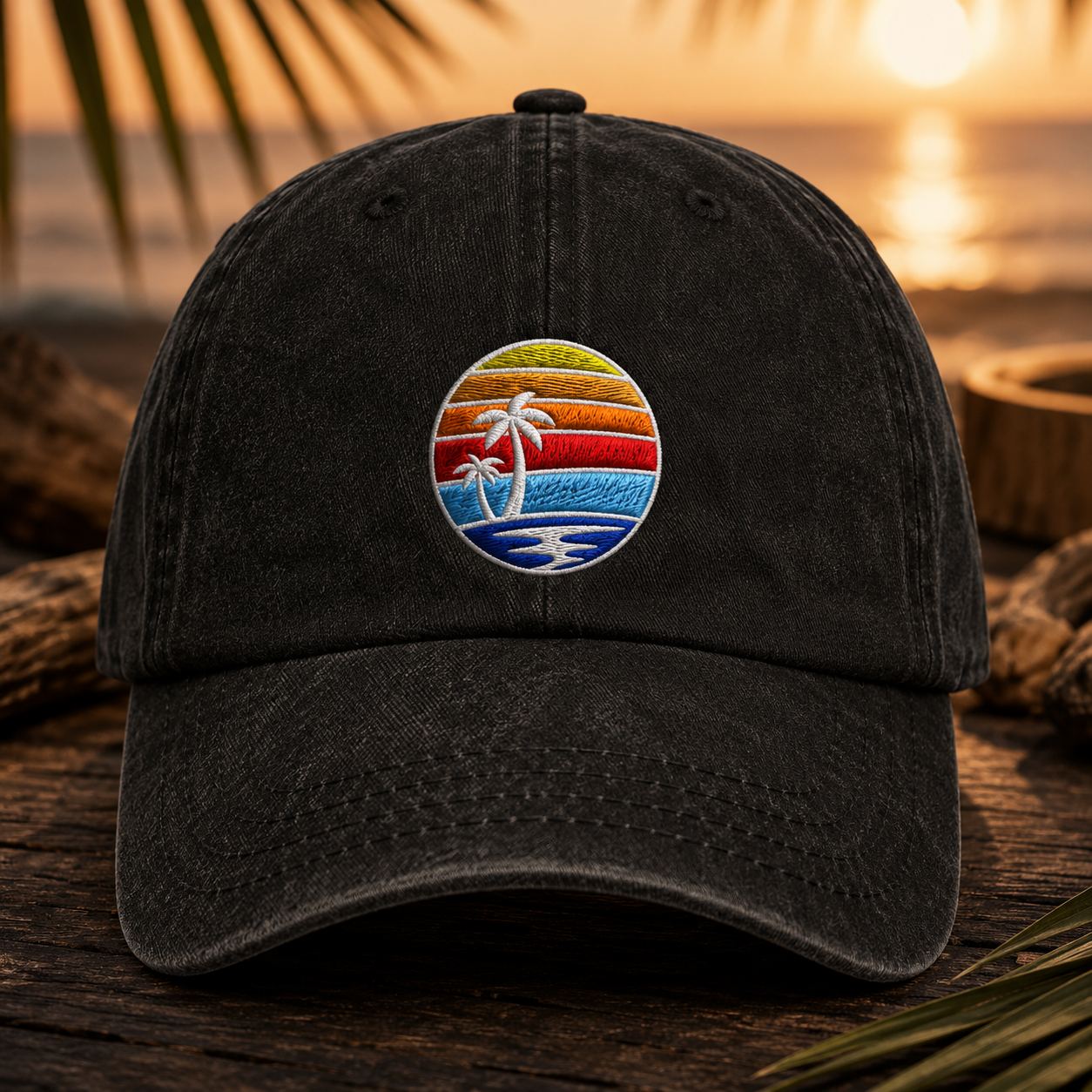 Tropical Sunset Palm Tree Washed Cap, Beach Vacation Hat for Coastal Summer Style - Washed Cap - front view