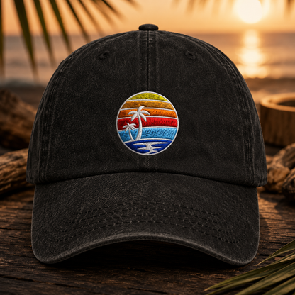 Tropical Sunset Palm Tree Washed Cap, Beach Vacation Hat for Coastal Summer Style - Washed Cap - front view