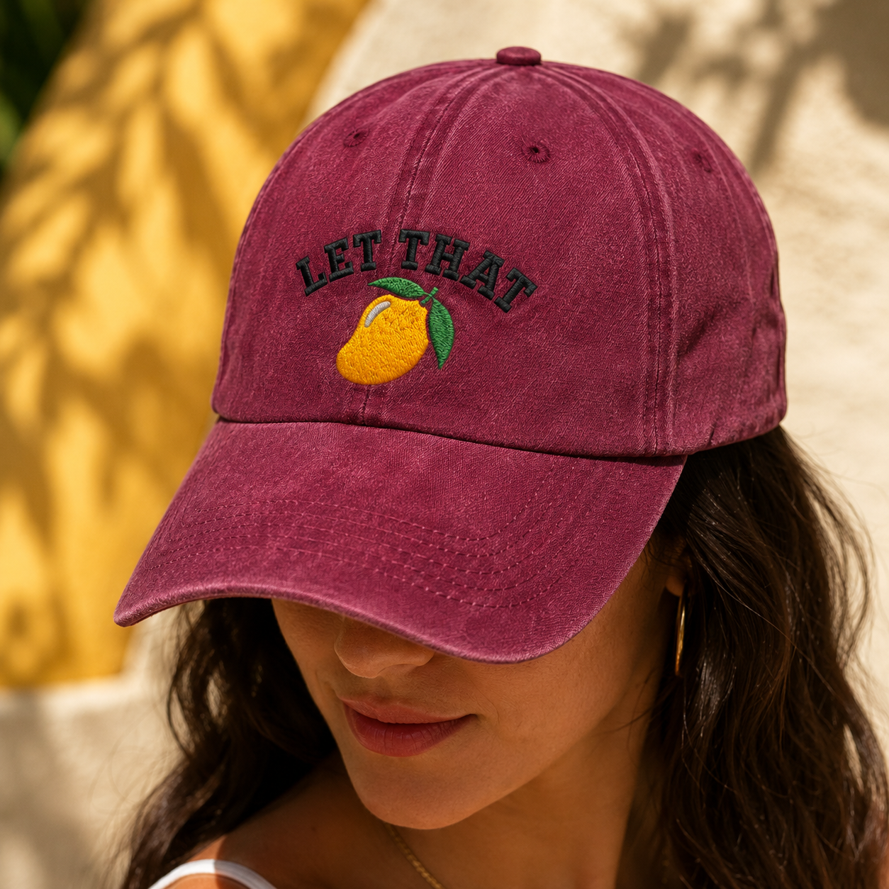 Let That Mango Washed Cap, Embroidered Tropical Fruit Dad Hat - Washed Cap - lifestyle view 3