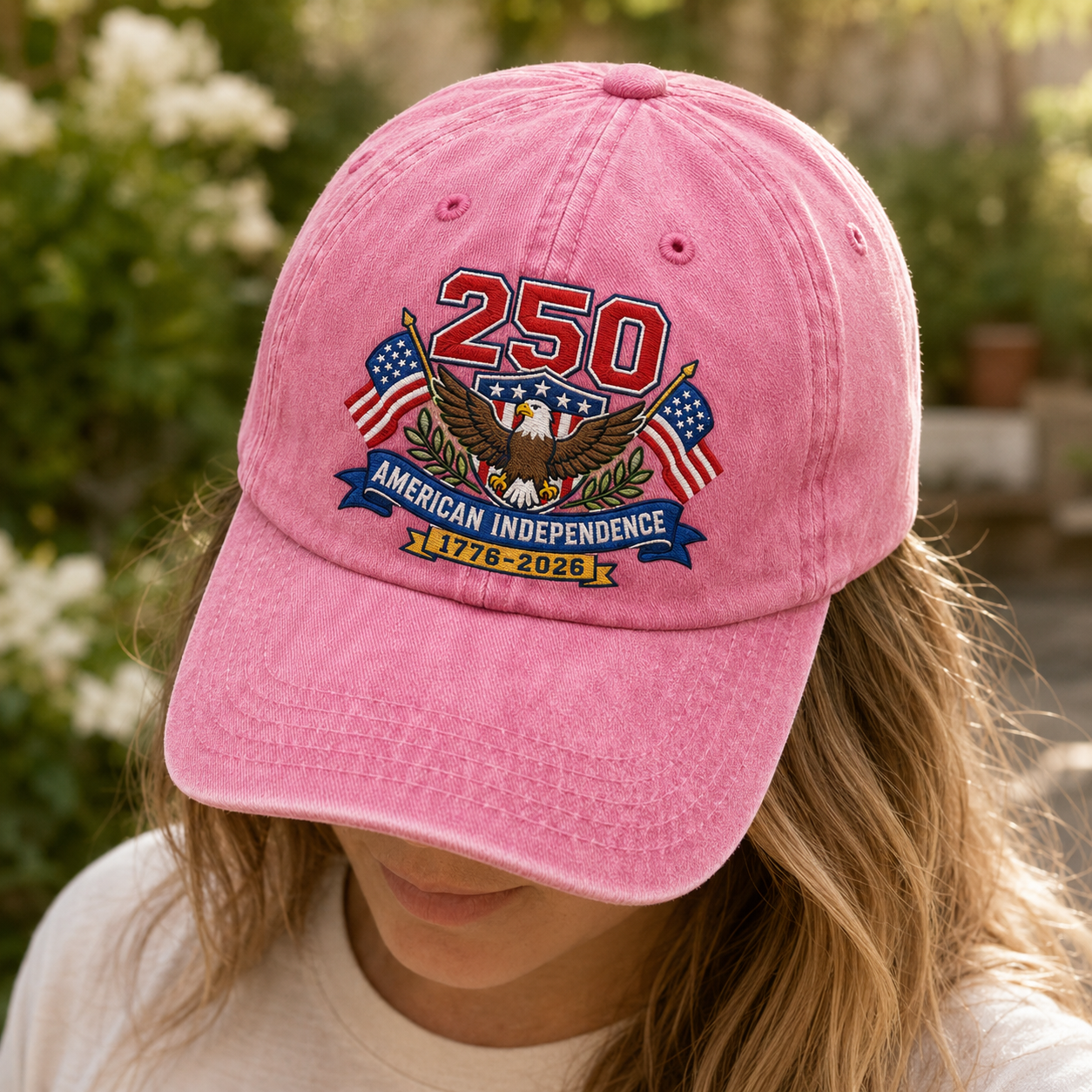 250 American Independence Washed Cap, 1776-2026 Patriotic Eagle USA Anniversary Hat - washed cap - detail view