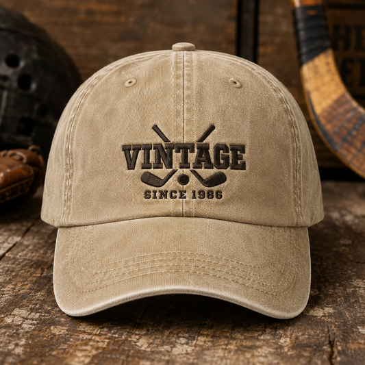 Vintage Since 1986 Hockey Washed Cap, Embroidered Dad Hat for Players and Fans - Washed Cap - front view
