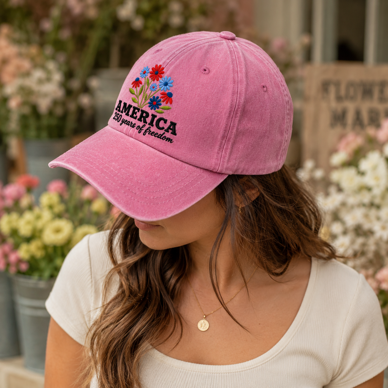 America 250 Years of Freedom Washed Cap, Patriotic Floral Hat for 4th of July - washed cap - detail view