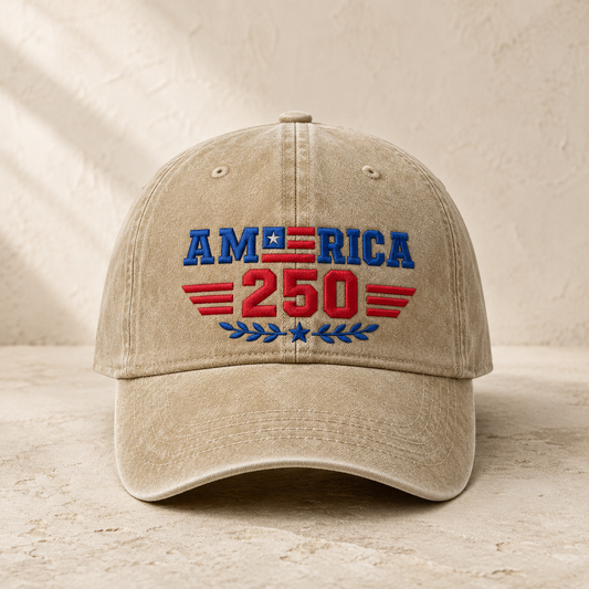 America 250 Washed Cap, Semiquincentennial Embroidered Hat - washed cap - front view