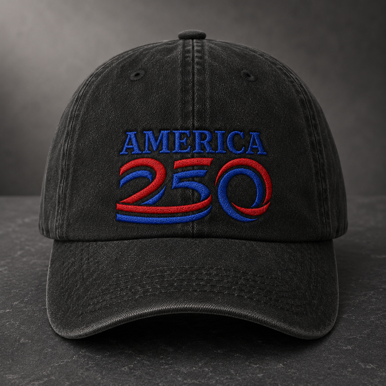 America 250 Washed Cap, Red Blue Embroidered Patriotic Dad Hat - washed cap - front view