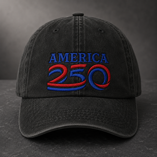 America 250 Washed Cap, Red Blue Embroidered Patriotic Dad Hat - washed cap - front view