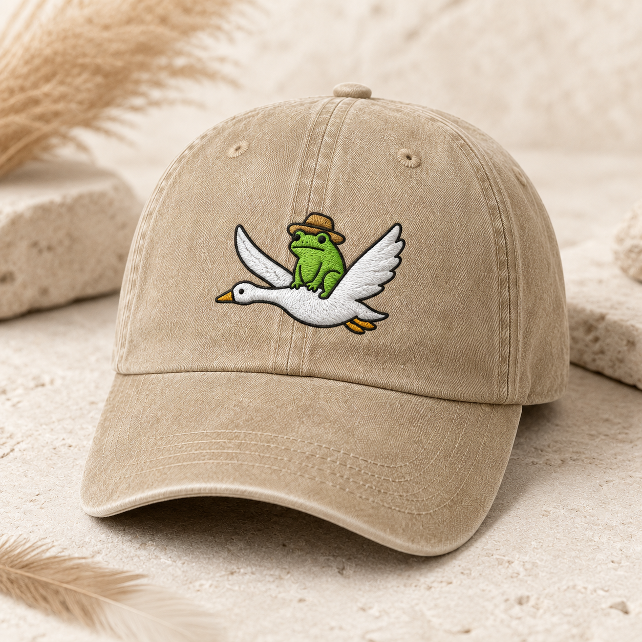 Frog Riding Goose Washed Cap, Embroidered Dad Hat for Bird and Toad Fans - Washed Cap - detail view
