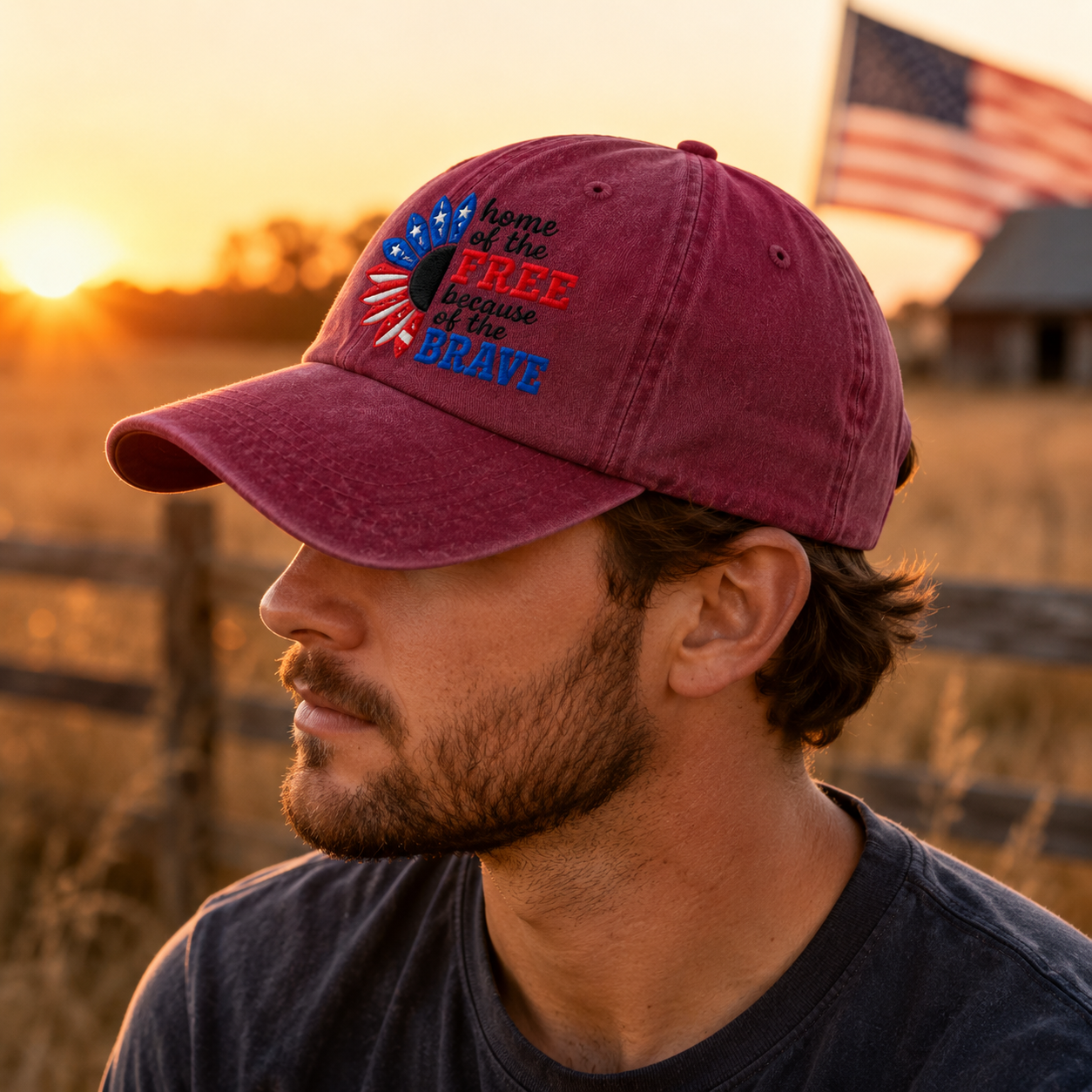 Home of the Free Because of the Brave Washed Cap, Patriotic Sunflower Military Gift - washed cap - lifestyle view 7