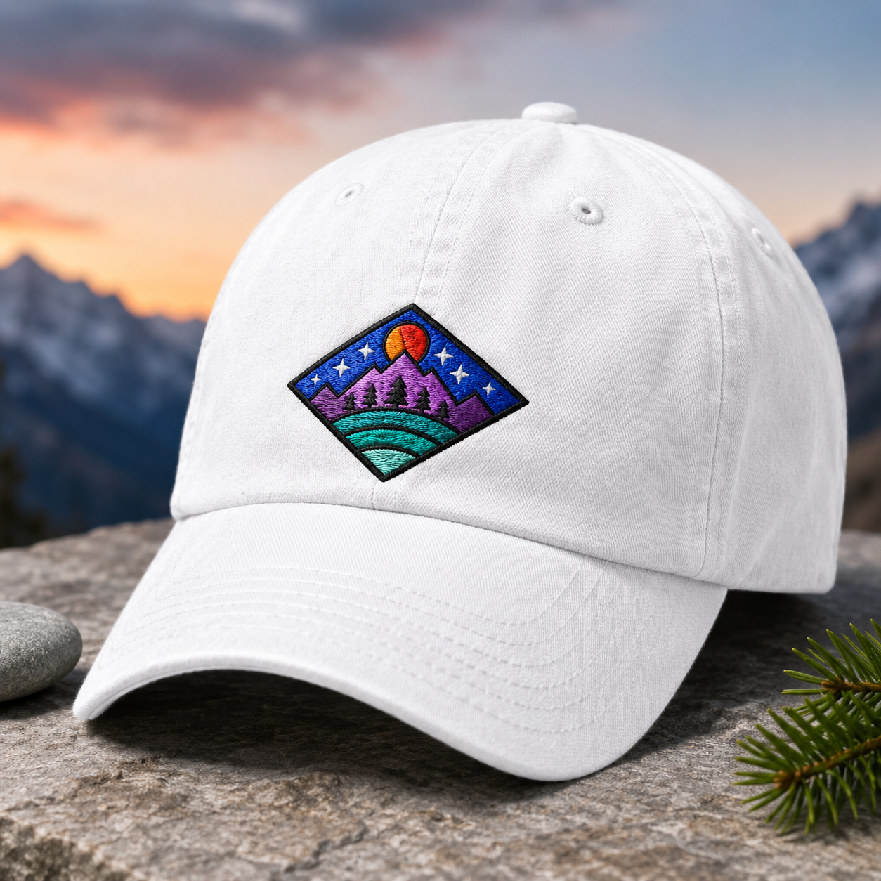 Mountain Sunset Embroidered Washed Cap, Outdoor Adventure Baseball Hat - Washed Cap - detail view