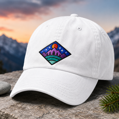 Mountain Sunset Embroidered Washed Cap, Outdoor Adventure Baseball Hat - Washed Cap - detail view
