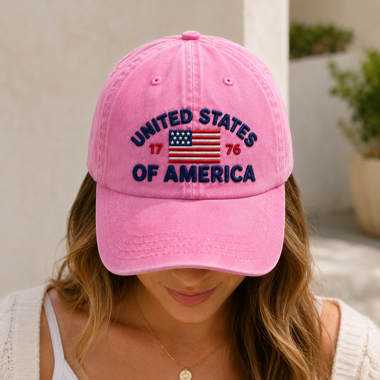 United States of America Washed Cap, 1776 Embroidered Flag Baseball Hat, Patriotic Gift - washed cap - detail view