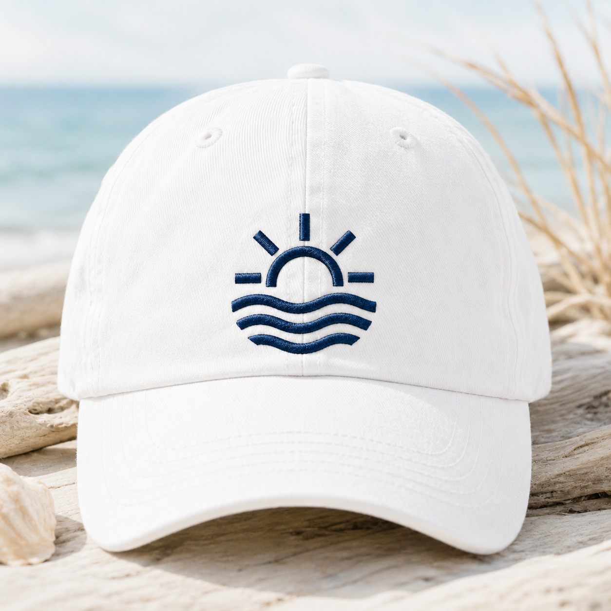 Minimalist Sun and Waves Washed Cap, Beach Hat for Summer - Washed Cap - front view