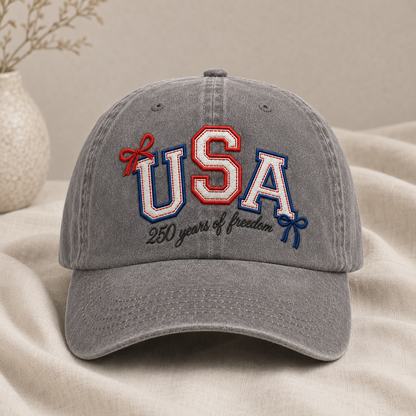 USA 250 Years of Freedom Washed Cap, Patriotic Embroidered Baseball Hat - washed cap - lifestyle view 4