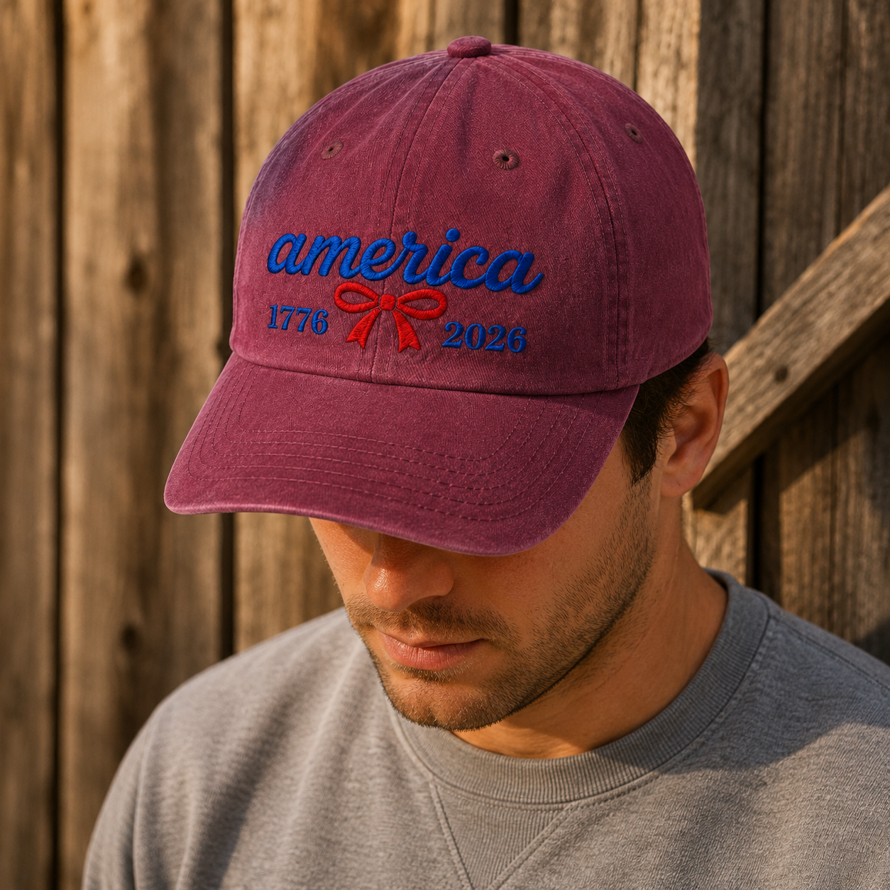 America 1776 2026 Washed Cap, Red Bow Patriotic Dad Hat for 250th Birthday - washed cap - lifestyle view 7