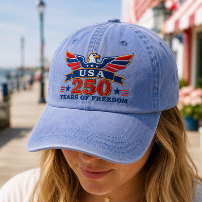 USA 250 Years of Freedom Washed Cap, Patriotic Eagle Hat for America 250th Anniversary - washed cap - lifestyle view 6