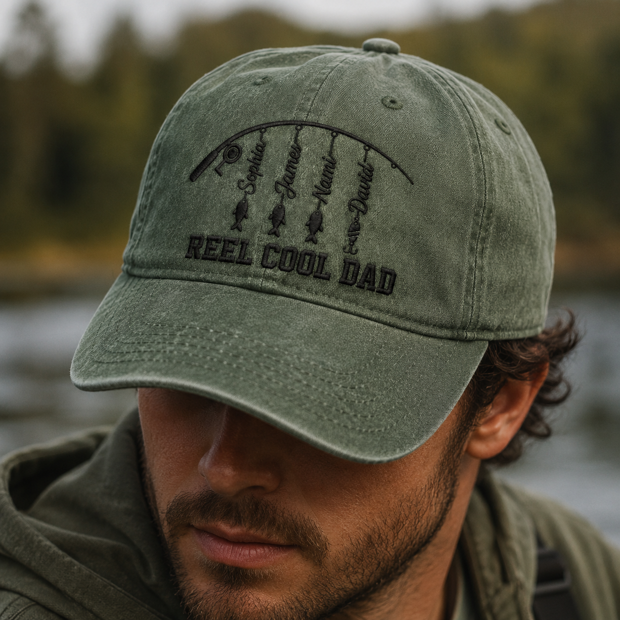 Reel Cool Dad Washed Cap, Custom Fishing Hat with Kids Names, Father's Day Gift - Washed Cap - lifestyle view 3