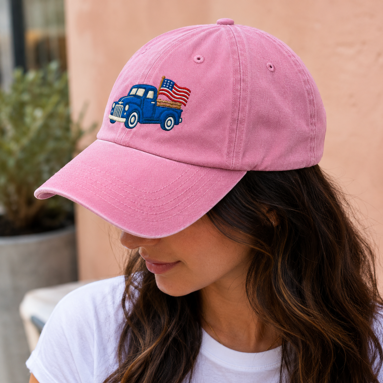 Blue Pickup Truck American Flag Washed Cap, Rustic July Fourth Dad Gift - washed cap - detail view