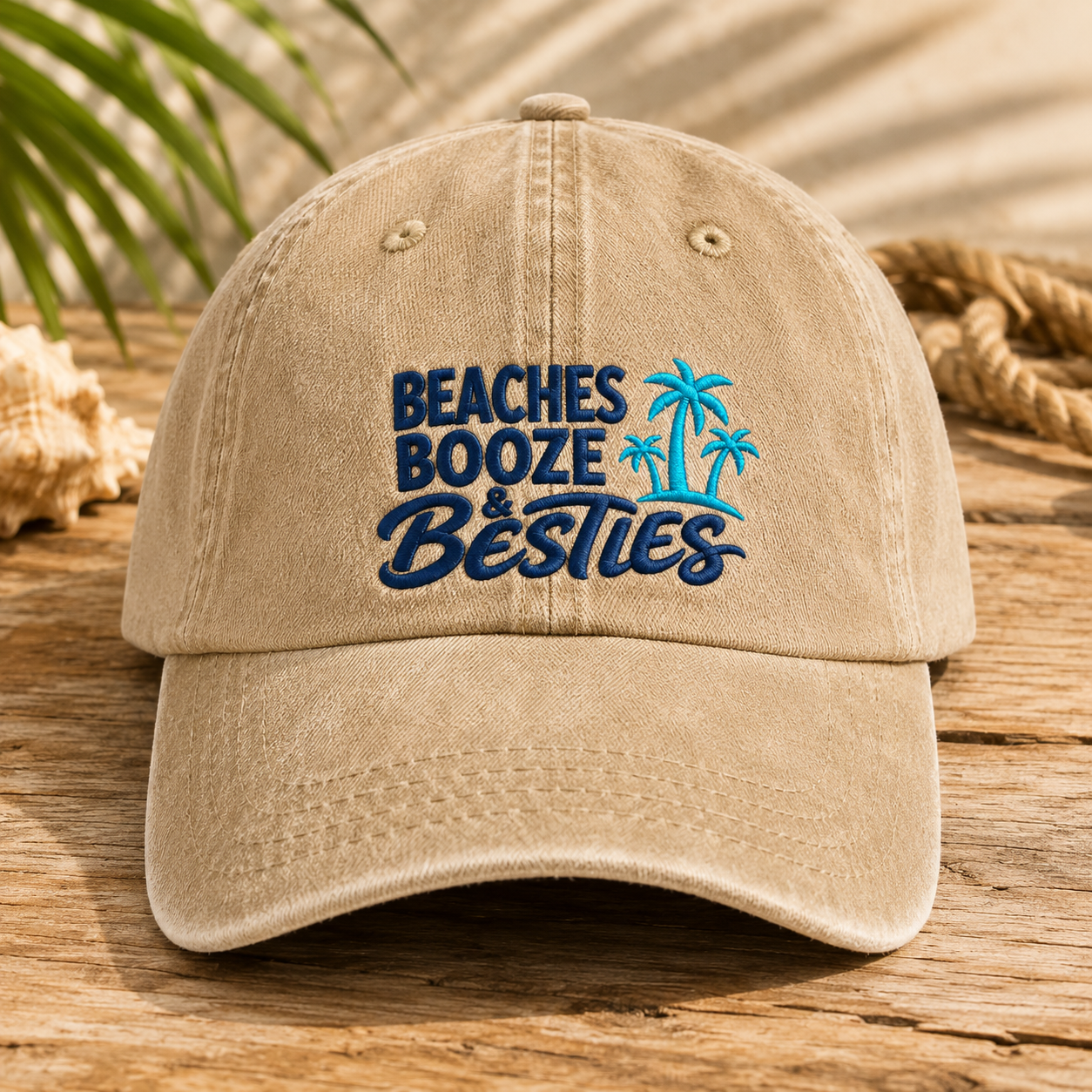 Beaches Booze & Besties Washed Cap, Tropical Palm Tree Vacation Hat - Washed Cap - front view